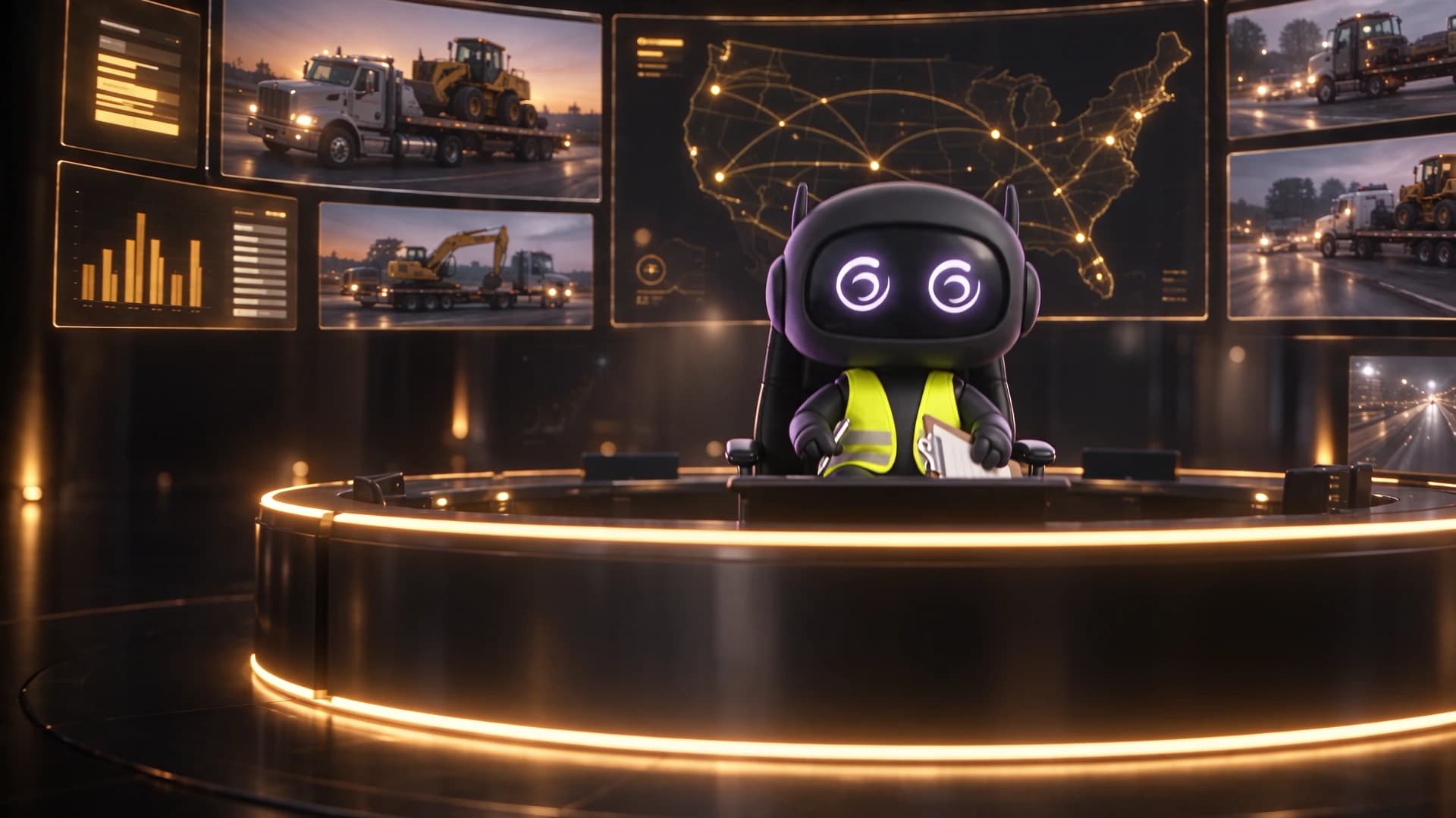 Jarbis in a safety vest seated at a ring-shaped command desk under screens of routes and equipment